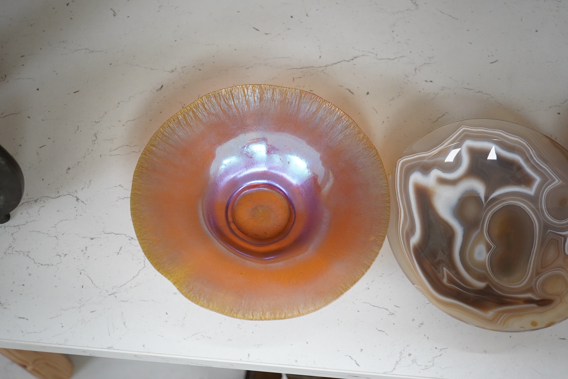 Two iridescent WMF art glass bowls and a polished agate bowl (3). Widest WMF bowl 16.5cm diameter. Condition - good